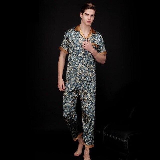 Paisley Silk Pajamas Men Summer Short Sleeve Satin Sleepwear Male Plus Size plus size Dressing Gown Nightgown