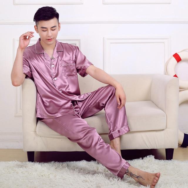 2019 men pyjama set solid silk men pajama suit short sleeve satin pajama man sleepwear pajamas male nightgown turn down collar