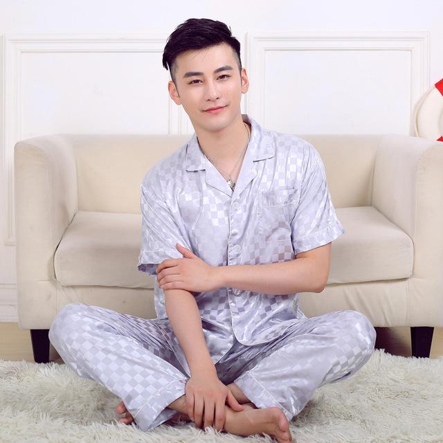 2019 men pyjama set solid silk men pajama suit short sleeve satin pajama man sleepwear pajamas male nightgown turn down collar