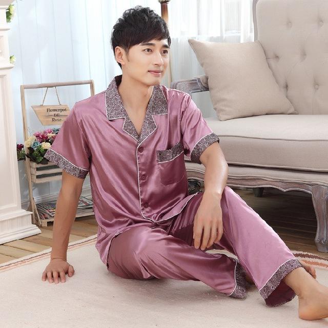 2019 men pyjama set solid silk men pajama suit short sleeve satin pajama man sleepwear pajamas male nightgown turn down collar