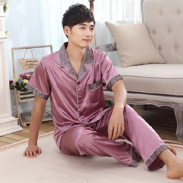 2019 men pyjama set solid silk men pajama suit short sleeve satin pajama man sleepwear pajamas male nightgown turn down collar