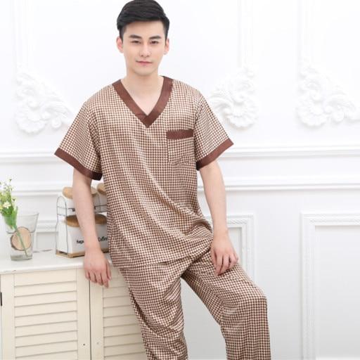 2019 men pyjama set solid silk men pajama suit short sleeve satin pajama man sleepwear pajamas male nightgown turn down collar