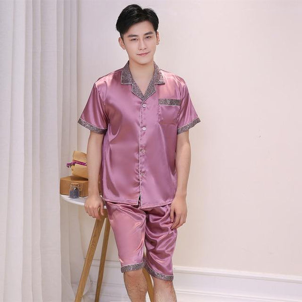 2019 men pyjama set solid silk men pajama suit short sleeve satin pajama man sleepwear pajamas male nightgown turn down collar