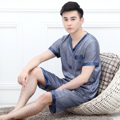 2019 men pyjama set solid silk men pajama suit short sleeve satin pajama man sleepwear pajamas male nightgown turn down collar