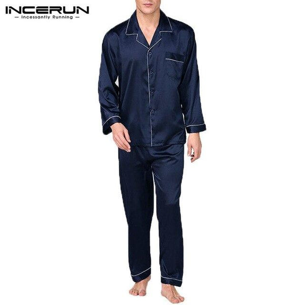 INCERUN New Brand Men Satin Silk Pajamas Set Soft Full Sleeve Pants Sexy Nightgown Modern Style Men Pajamas Set Silk Sleepwear