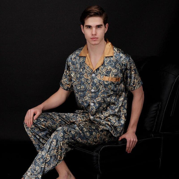 Men's Stain Silk Pajama Set For Summer Sleepwear Men Sexy Male Nightgown Short Sleeves Long Pants Loungewear Autumn 2PCS