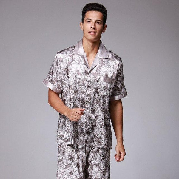 Men's Stain Silk Pajama Set For Summer Sleepwear Men Sexy Male Nightgown Short Sleeves Long Pants Loungewear Autumn 2PCS