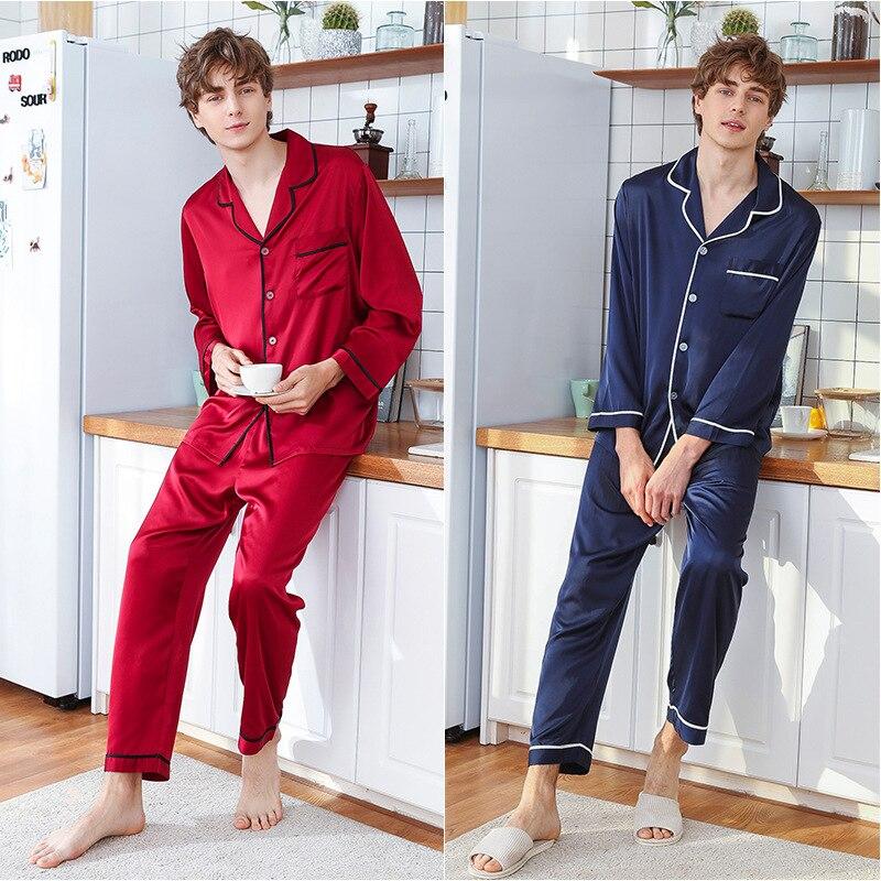 Men's Long-sleeved Shirt + Trousers 2pcs Sleepwear Ice Silk Satin Suit Set Nightgown Leisure Youth Students Homewear J058
