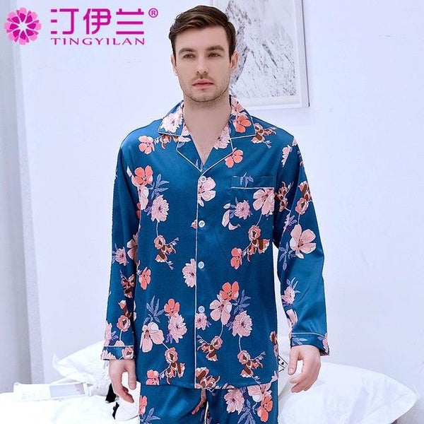 Men's Printing Plus Size Ice Silk Sleepwear Europe and America Shirt Style Nightgown Long Sleeves Set Leisure Home Clothes J013