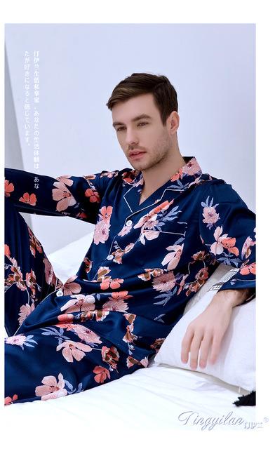 Men's Printing Plus Size Ice Silk Sleepwear Europe and America Shirt Style Nightgown Long Sleeves Set Leisure Home Clothes J013