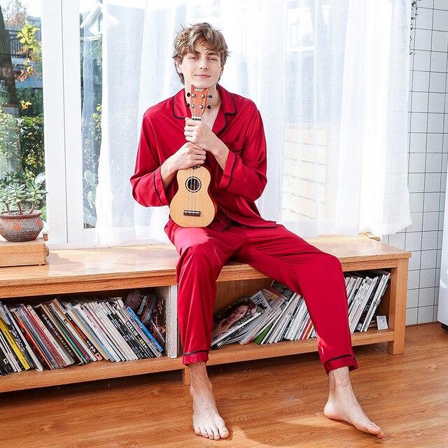 Men's Long-sleeved Shirt + Trousers 2pcs Sleepwear Ice Silk Satin Suit Set Nightgown Leisure Youth Students Homewear J058