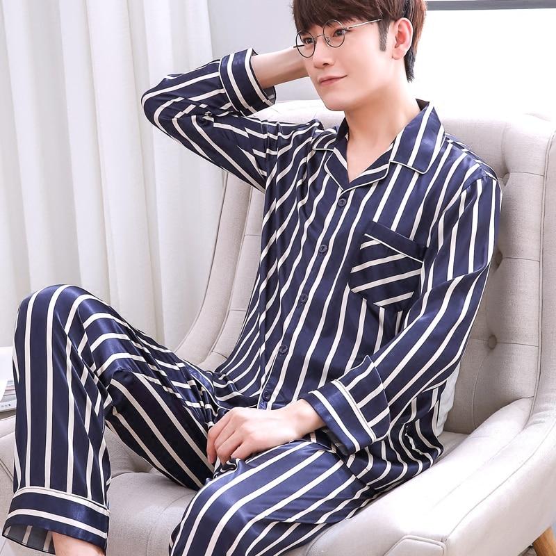 Men's Pajamas Spring Autumn Long Sleeves Ice Silk Home Suit Male Youth Top and Trousers 2 Pcs Set Sleepwear Soft Nightgown H5605