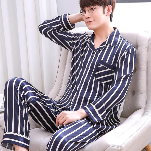 Men's Pajamas Spring Autumn Long Sleeves Ice Silk Home Suit Male Youth Top and Trousers 2 Pcs Set Sleepwear Soft Nightgown H5605