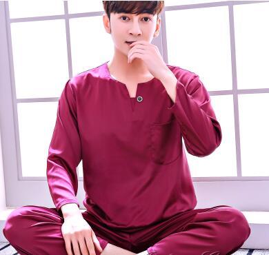 Men's Pajamas Spring Autumn Long Sleeves Ice Silk Home Suit Male Youth Top and Trousers 2 Pcs Set Sleepwear Soft Nightgown H5605