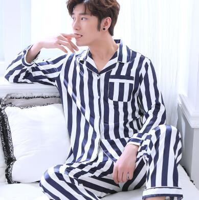 Men's Pajamas Spring Autumn Long Sleeves Ice Silk Home Suit Male Youth Top and Trousers 2 Pcs Set Sleepwear Soft Nightgown H5605