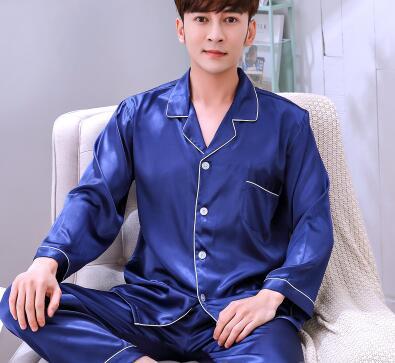 Men's Pajamas Spring Autumn Long Sleeves Ice Silk Home Suit Male Youth Top and Trousers 2 Pcs Set Sleepwear Soft Nightgown H5605