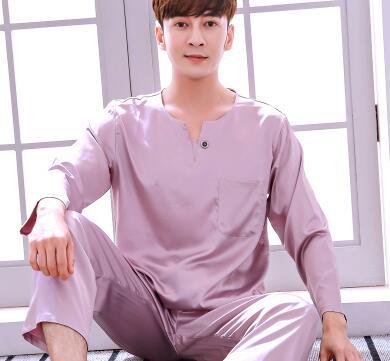 Men's Pajamas Spring Autumn Long Sleeves Ice Silk Home Suit Male Youth Top and Trousers 2 Pcs Set Sleepwear Soft Nightgown H5605