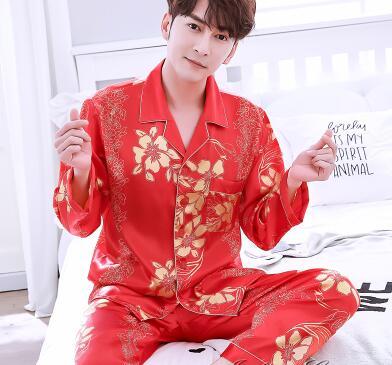 Men's Pajamas Spring Autumn Long Sleeves Ice Silk Home Suit Male Youth Top and Trousers 2 Pcs Set Sleepwear Soft Nightgown H5605