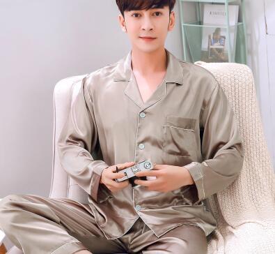 Men's Pajamas Spring Autumn Long Sleeves Ice Silk Home Suit Male Youth Top and Trousers 2 Pcs Set Sleepwear Soft Nightgown H5605