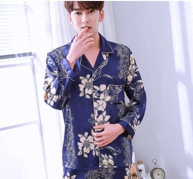 Men's Pajamas Spring Autumn Long Sleeves Ice Silk Home Suit Male Youth Top and Trousers 2 Pcs Set Sleepwear Soft Nightgown H5605