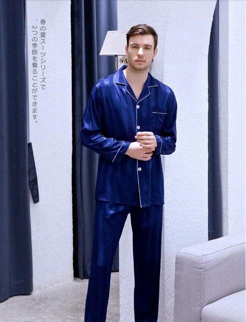 Men's Plus Size Long-sleeved Nightgown Ice Silk Satin Suit Household Clothes Students Leisure Youth All Seasons Sleepwear J031