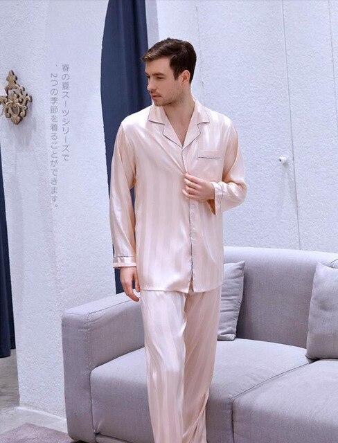 Men's Plus Size Long-sleeved Nightgown Ice Silk Satin Suit Household Clothes Students Leisure Youth All Seasons Sleepwear J031