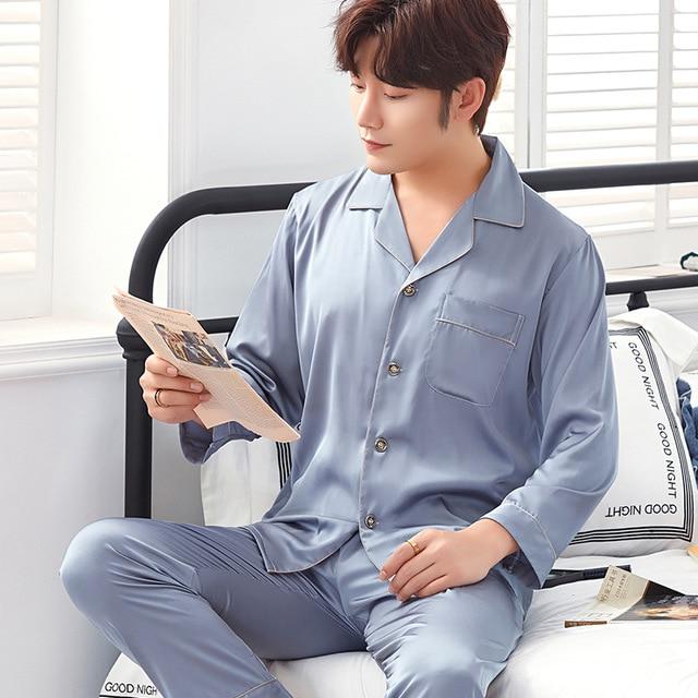 2019 pijamas pijama hombre mens stain silk set long sleeve soft sleepwear nightgown tops+pants couple pajamas pajama set