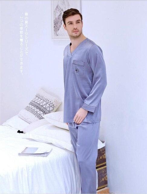 Men's Ice Silk Satin homewear Long Sleeved V Collar Set All Seasons Home Clothes Students Leisure Youth Plus Size Nightgown J035