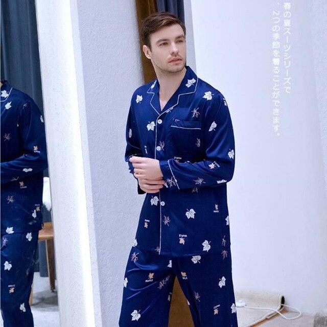 Men's Modern Style Silk Nightgown Leisure Plus Size Home Suit Ice Silk Leisure Youth Pajamas Long Sleeved New Home Clothes J017