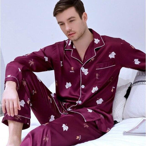 Men's Modern Style Silk Nightgown Leisure Plus Size Home Suit Ice Silk Leisure Youth Pajamas Long Sleeved New Home Clothes J017