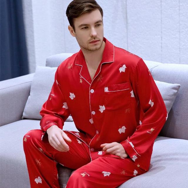 Men's Modern Style Silk Nightgown Leisure Plus Size Home Suit Ice Silk Leisure Youth Pajamas Long Sleeved New Home Clothes J017
