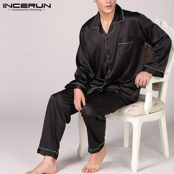INCERUN Men's Pajamas Set Satin Silk Sleepwear Modern Style Full Sleeve Pants Soft Cozy Satin Nightgown Men Lounge Pajamas Set