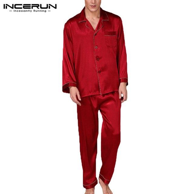 INCERUN Men's Pajamas Set Satin Silk Sleepwear Modern Style Full Sleeve Pants Soft Cozy Satin Nightgown Men Lounge Pajamas Set