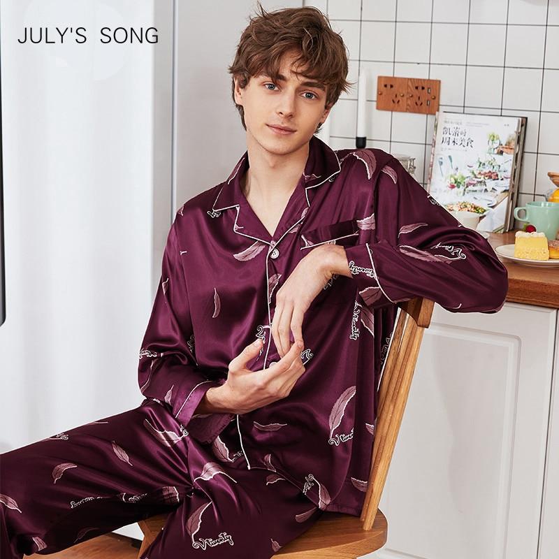 JULY'S SONG 2019 Spring Men's Stain Faux Silk Pajama Set 2 Pieces Pajamas Sleepwear Fashion Modern Style Soft Satin Nightgown