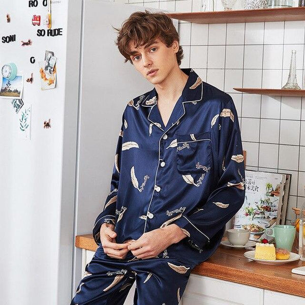JULY'S SONG 2019 Spring Men's Stain Faux Silk Pajama Set 2 Pieces Pajamas Sleepwear Fashion Modern Style Soft Satin Nightgown