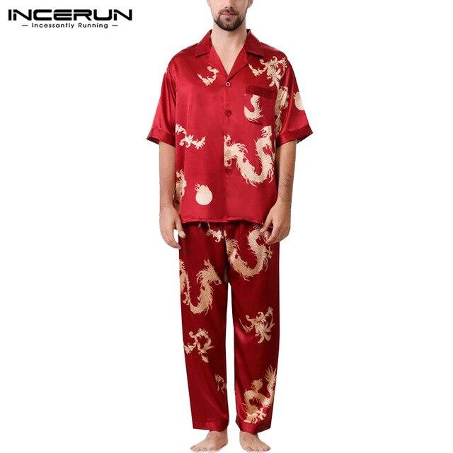 INCERUN Summer Fashion Men Pajamas Set Print Silk Satin Short Sleeve Tops Pants Loose Comfy Men Nightgown Sleepwear Sets 2019