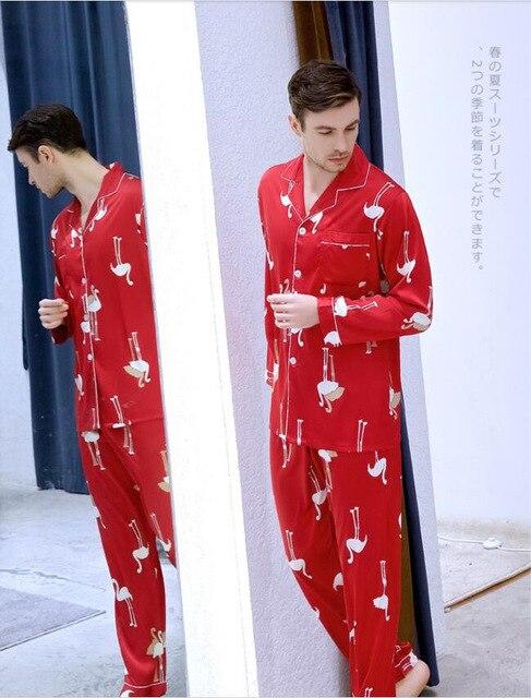 Men's Long Sleeved Suit Homewear Plus Size Ice Silk Satin Nightgown Students Leisure All Seasons Youth Household Clothes J037