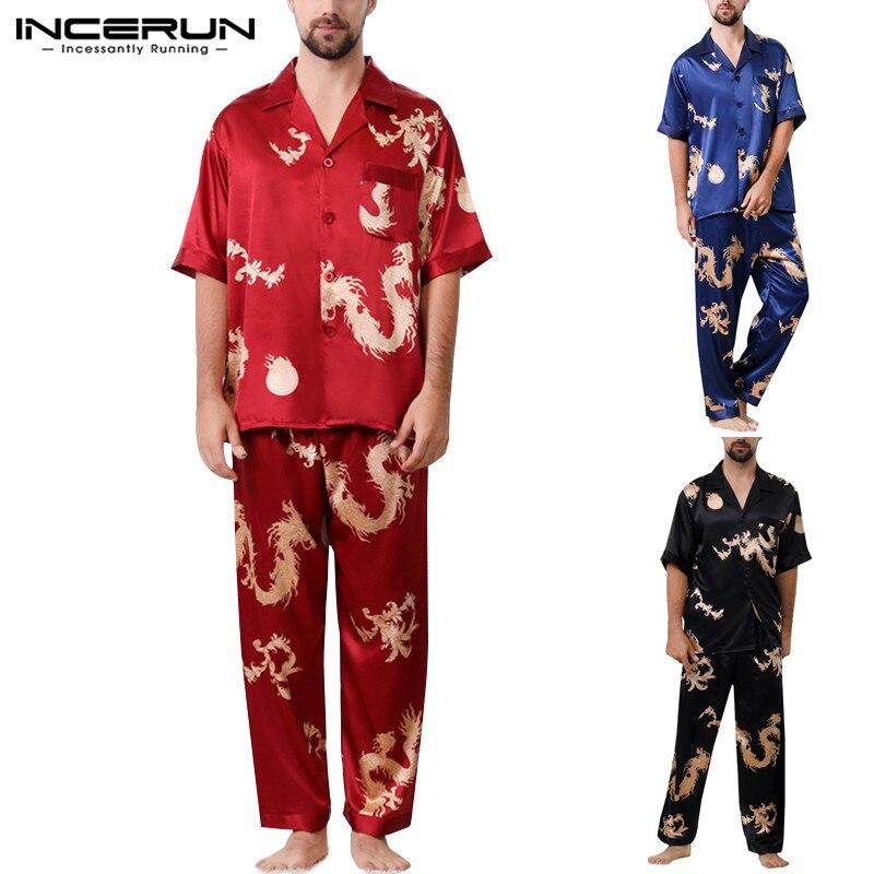 INCERUN Men Pajamas Set Print Nightgown Loose Short Sleeve Tops Long Pants Silk Satin Men Loungewear Ladies Sleepwear Sets 2019