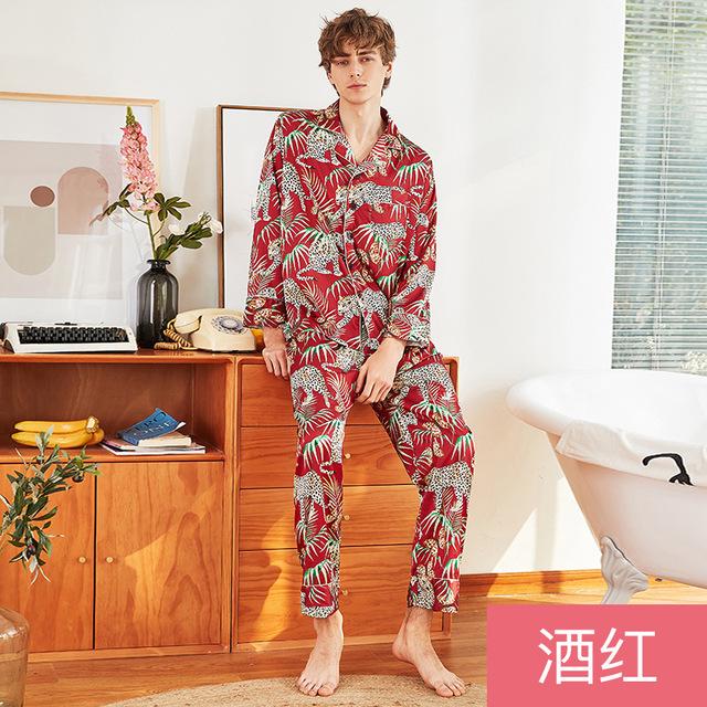 Men's Homewear New Long Sleeved Nightgown Ice Thin Silk Satin Leisure Household Clothes Students Suit Set Youth Sleepwear J065