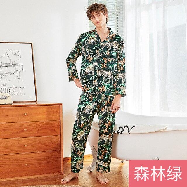 Men's Homewear New Long Sleeved Nightgown Ice Thin Silk Satin Leisure Household Clothes Students Suit Set Youth Sleepwear J065