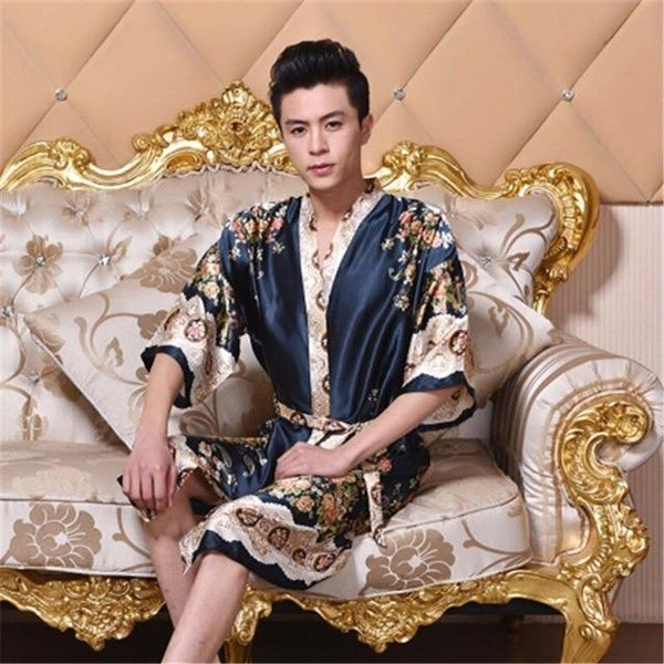 2019 New Spring Autumn Luxury Bathrobe Mens Print Plus Size Silk Satin Pajamas Kimono Summer Male Nightgown Chinese Silk Robe
