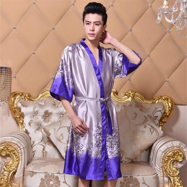 2019 New Spring Autumn Luxury Bathrobe Mens Print Plus Size Silk Satin Pajamas Kimono Summer Male Nightgown Chinese Silk Robe