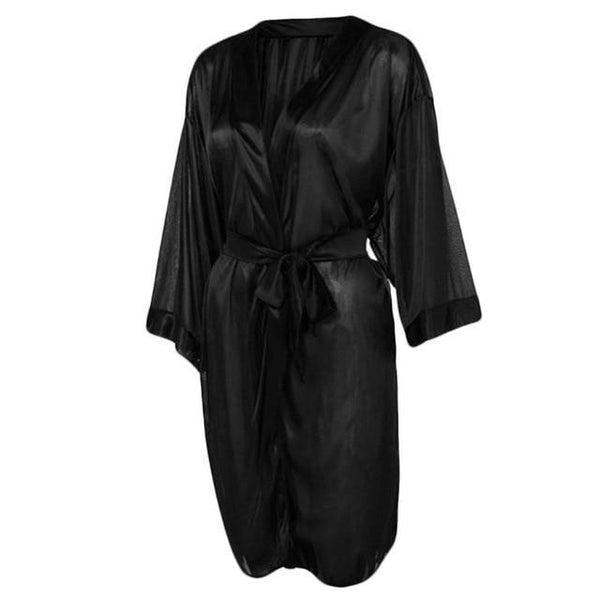 Women Sexy Translucent Sleepwear Set Faux Silk Half Sleeve Short Kimono Bath Robe Solid Color Nightgown With G-String Satin Sash