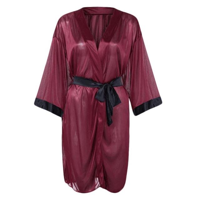 Women Sexy Translucent Sleepwear Set Faux Silk Half Sleeve Short Kimono Bath Robe Solid Color Nightgown With G-String Satin Sash