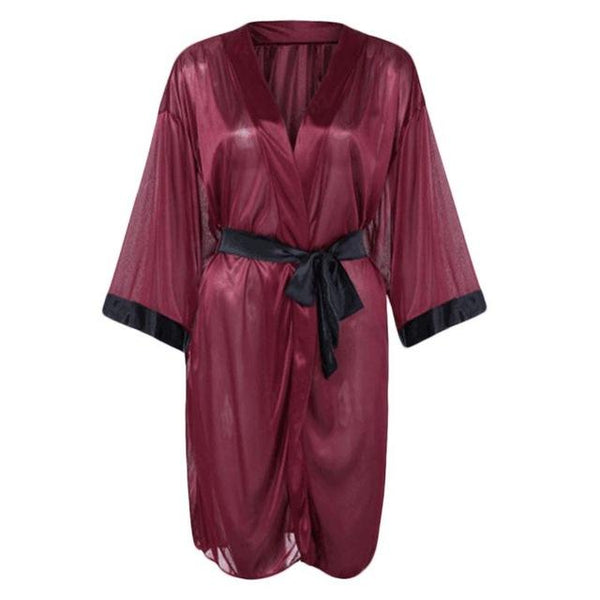 Women Sexy Translucent Sleepwear Set Faux Silk Half Sleeve Short Kimono Bath Robe Solid Color Nightgown With G-String Satin Sash
