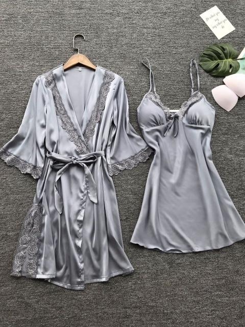 USA Women Silk Lace Flora Robe Dress 2Pieces Sets Babydoll Nightdress Nightgown Sleepwear