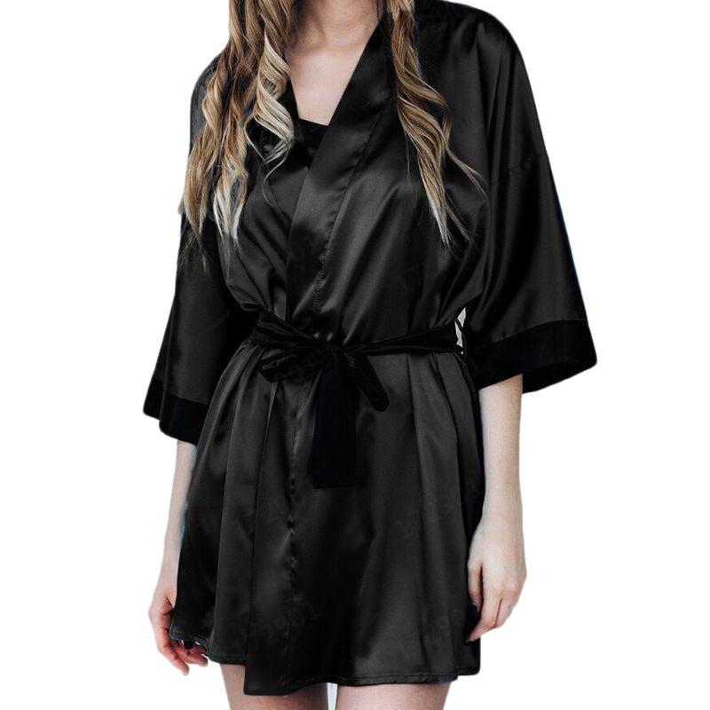 Women Sexy Translucent Sleepwear Set Faux Silk Half Sleeve Short Kimono Bath Robe Solid Color Nightgown With G-String Satin Sash