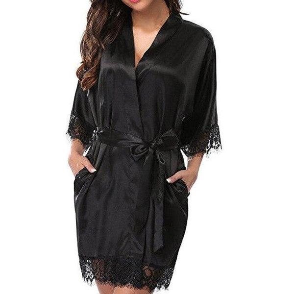 Half Sleeve Women Faux Silk Sashes Robe Nightdress Female Lace V-Neck Short Kimono Nightgown Loose Belt Bathrobe Nightwear