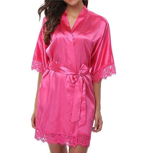 Half Sleeve Women Faux Silk Sashes Robe Nightdress Female Lace V-Neck Short Kimono Nightgown Loose Belt Bathrobe Nightwear