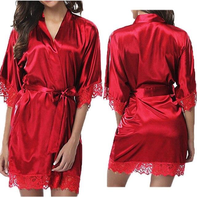 Half Sleeve Women Faux Silk Sashes Robe Nightdress Female Lace V-Neck Short Kimono Nightgown Loose Belt Bathrobe Nightwear